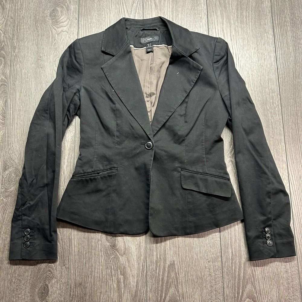H&M Womens Black Single Button Fitted Blazer Jacket Y2K Vintage Size 8